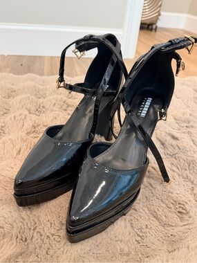 Finesse Black Patent Pointed Platform Pumps with Triple Ankle Straps
